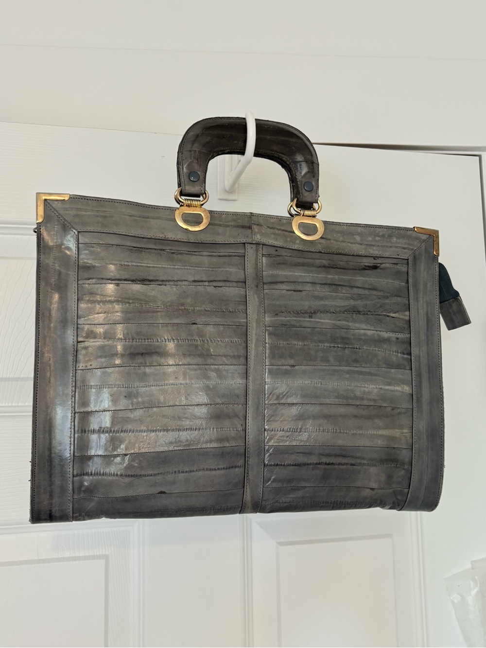 Vintage eel skin Briefcase attache Bag top zipper dual handles lined grey gold